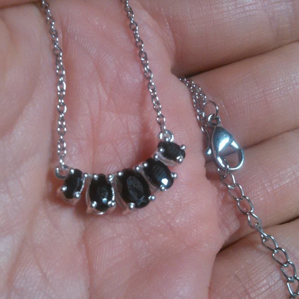 Five Stone Simulated Black Diamond Sterling Silver and Stainless Steel Necklace